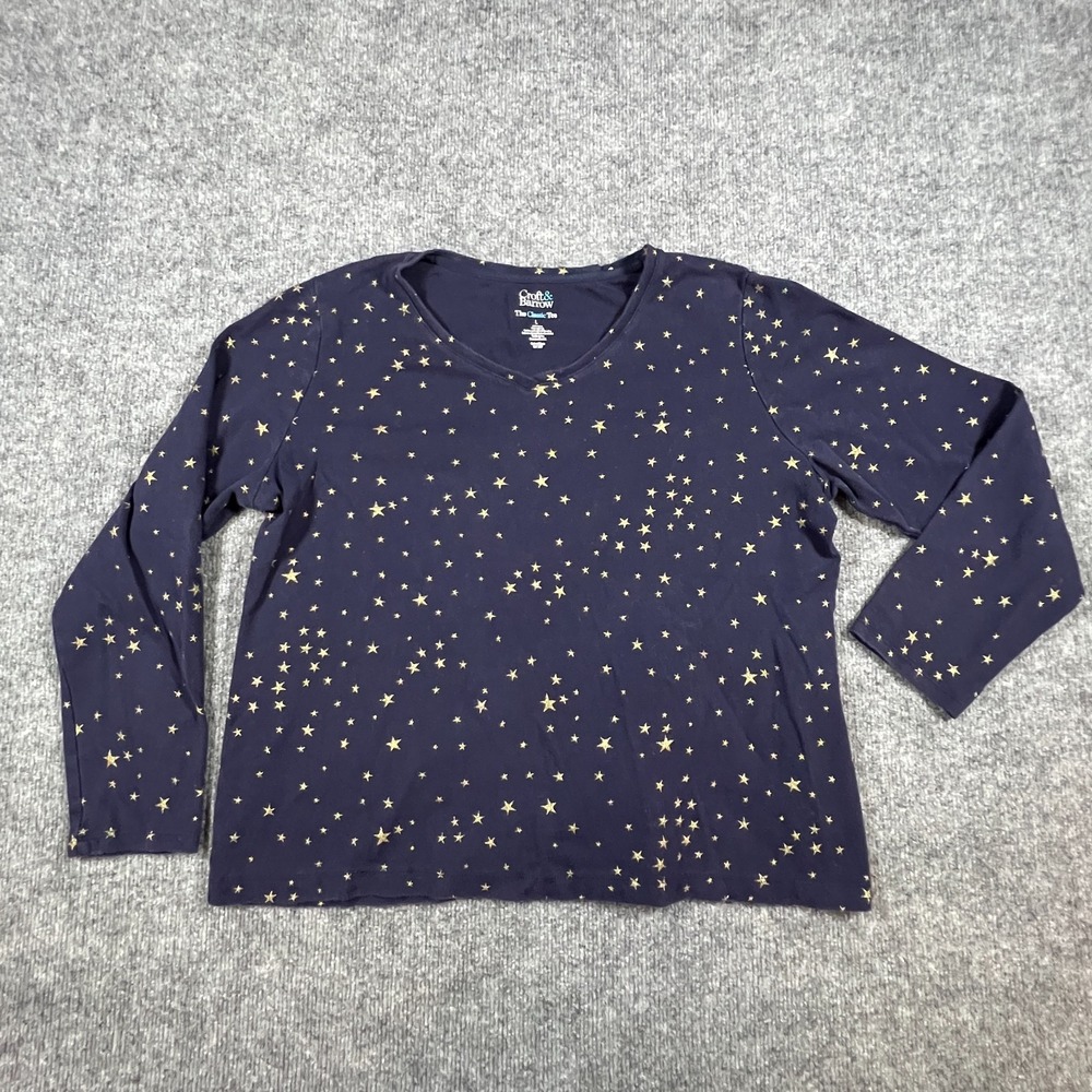 Croft & Barrow The Classic Tee Shirt Womens Large Navy Blue Stars AOP V Neck